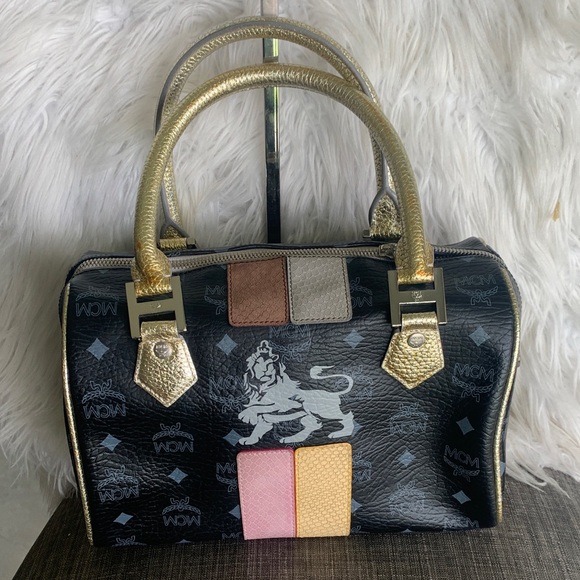 MCM Handbags - MCM Black Logo Leather Satchel with Gold Handles and Pink, Tan, Cream Panels